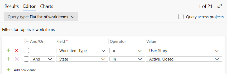 Captura de pantalla que muestra la lista plana en el editor de consultas para historias de usuario en estado Activo o Cerrado.