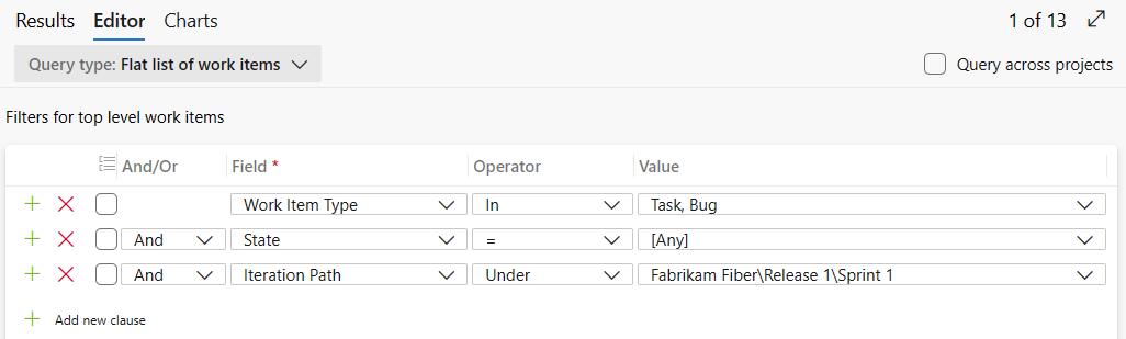 Captura de pantalla que muestra una consulta de tareas y errores para un sprint.