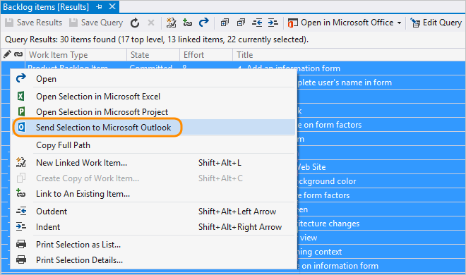 Captura de pantalla de los elementos seleccionados para enviar por correo electrónico desde la lista de resultados de la consulta de Visual Studio.