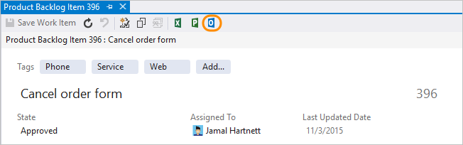 Captura de pantalla del elemento de trabajo de correo electrónico desde Azure DevOps Server local.