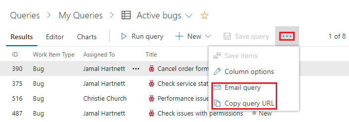 Captura de pantalla de Elegir Enviar consulta por correo electrónico o Copiar dirección URL de consulta.