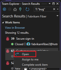 Captura de pantalla de las opciones de los elementos de trabajo en la página Elementos de trabajo de Team Explorer.