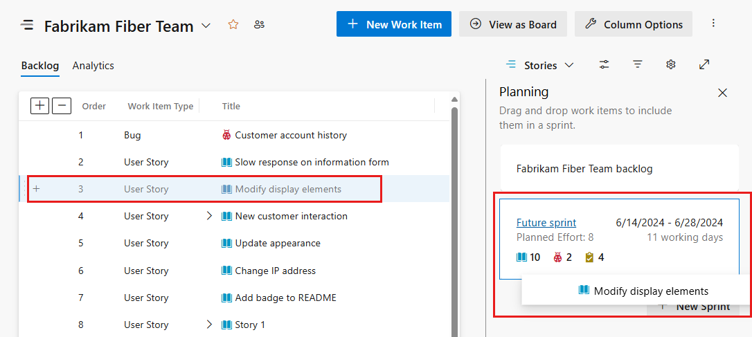 Captura de pantalla del trabajo pendiente donde puede arrastrar elementos a un sprint.