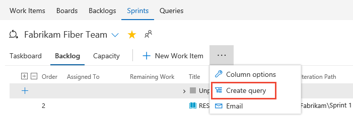 Captura de pantalla que muestra la opción crear consulta en el trabajo pendiente de sprint.