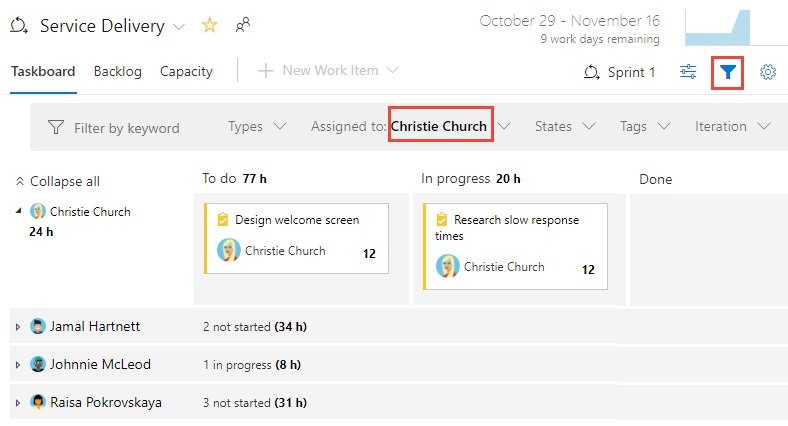 Captura de pantalla del Taskboard, filtrada por una persona.