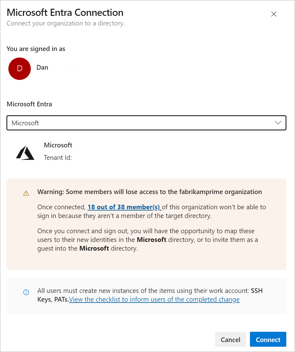 Captura de pantalla que muestra la advertencia de conexión de Microsoft Entra.