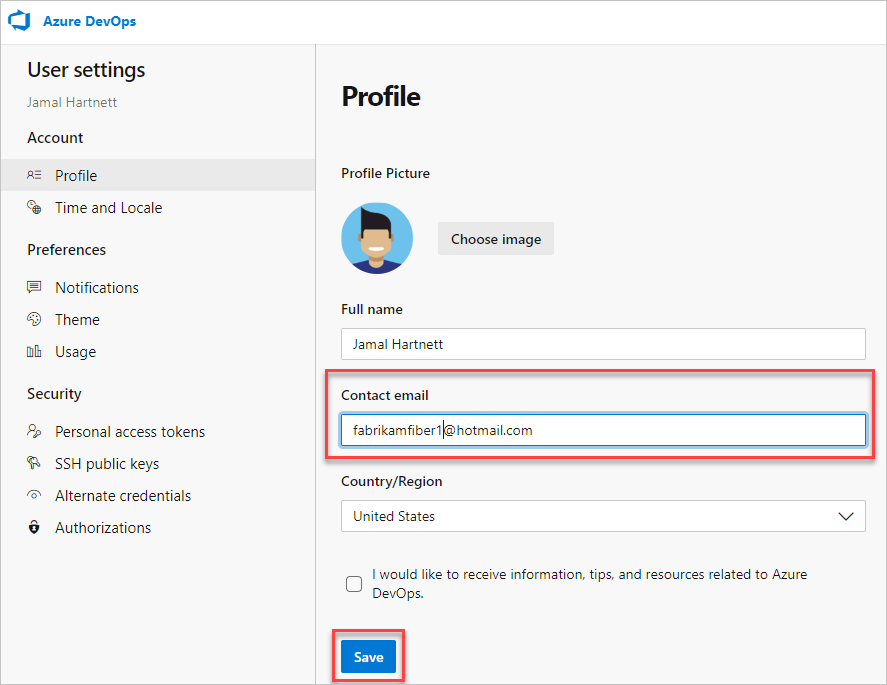 Captura de pantalla que muestra la página de información de contacto con la opción guardar.