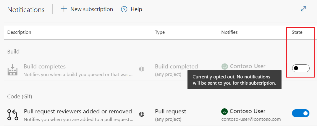 Captura de pantalla que muestra una notificación deshabilitada en la que el estado está establecido en Desactivado y el interruptor está coloreado en blanco. La fila completa de suscripción está gris.