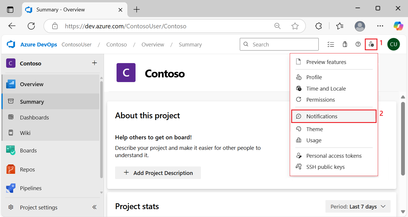 Captura de pantalla que muestra cómo abrir la página de notificaciones personales en Azure DevOps.