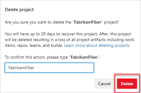Captura de pantalla de la confirmación emergente de eliminación del proyecto.