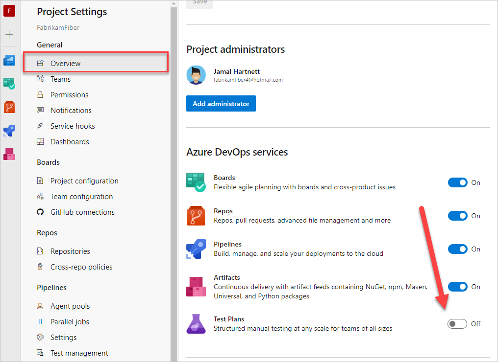 Captura de pantalla que muestra la vista general de la configuración de servicios del proyecto.