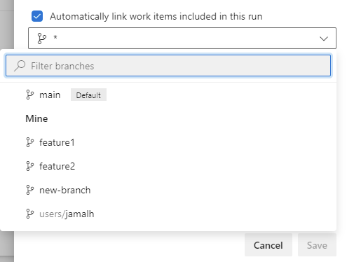 Captura de pantalla de la configuración para vincular automáticamente los elementos de trabajo incluidos en esta ejecución.
