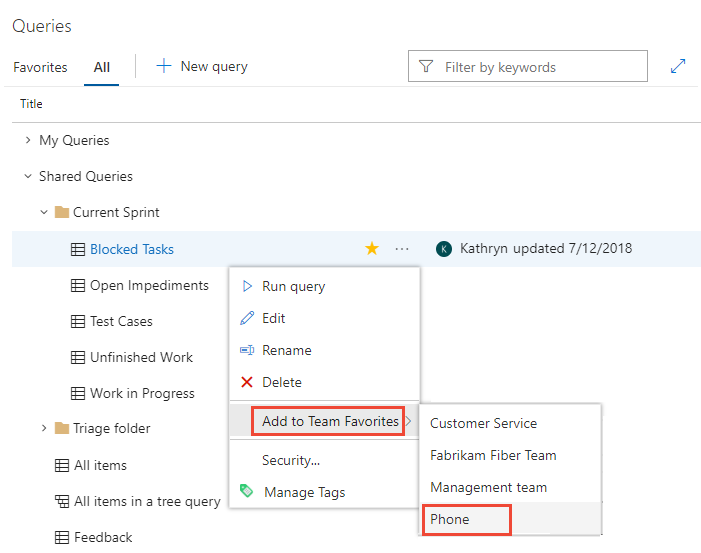 Captura de pantalla que muestra Consultas de trabajo>, Agregar a la selección de favoritos.