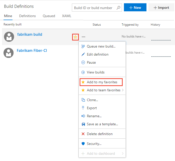 La captura de pantalla muestra Pipelines, Compilaciones, Agregar a mis favoritos o favoritos del equipo.