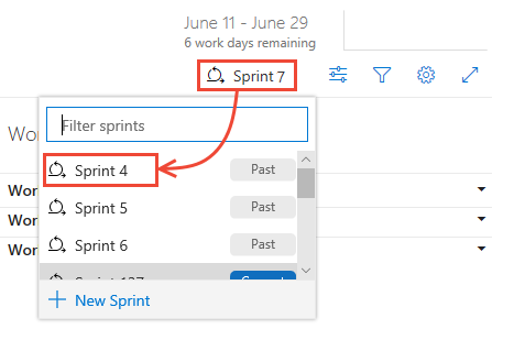 Captura de pantalla que muestra dónde puede seleccionar un sprint pasado en el selector de sprint.