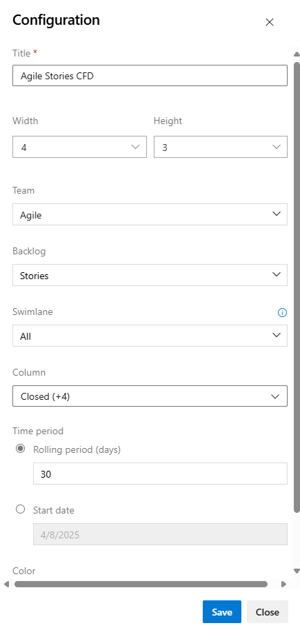 Captura de pantalla del cuadro de diálogo Configuración, con campos para el título, equipo, trabajo pendiente, calle, período de tiempo y color, entre otras opciones.