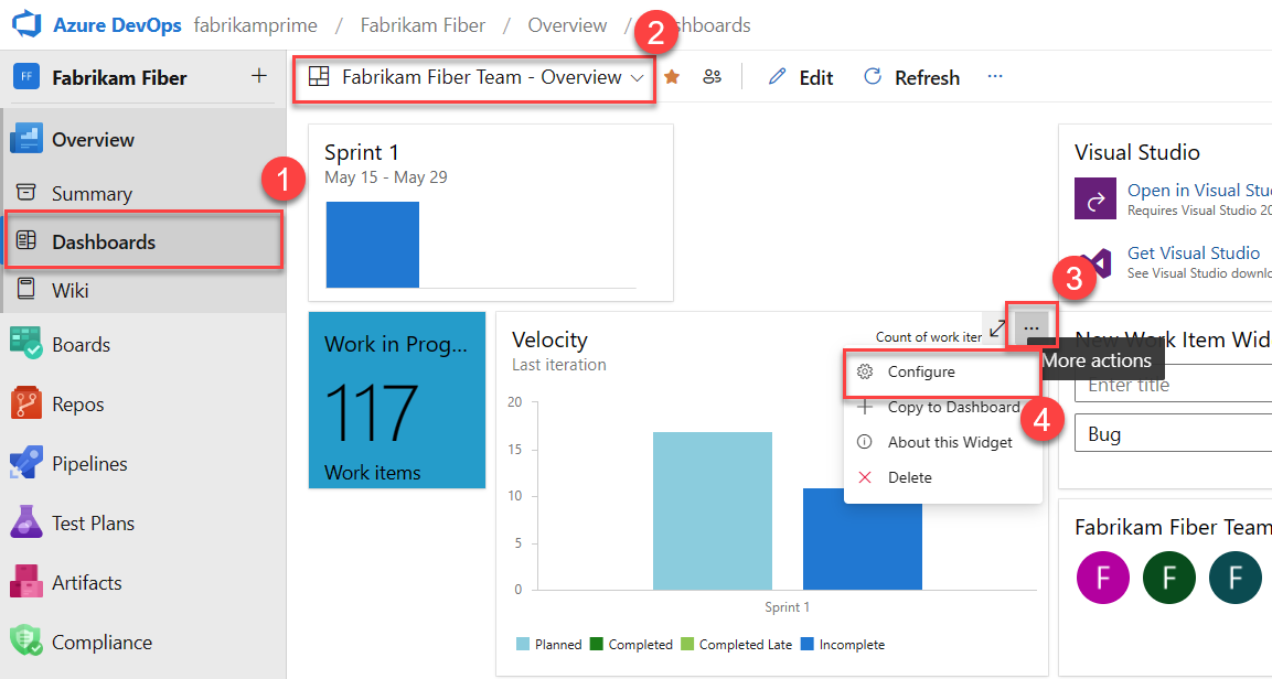 Captura de pantalla que muestra la secuencia de botones resaltados para configurar el dashboard Velocity.
