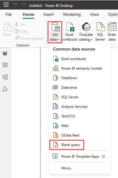 Captura de pantalla de un informe en blanco en Power BI Desktop. En la cinta de opciones, la opción Obtener datos está expandida. Obtener datos y Consulta en Blanco están resaltados.
