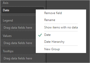 Menú Fecha de Power BI de opciones