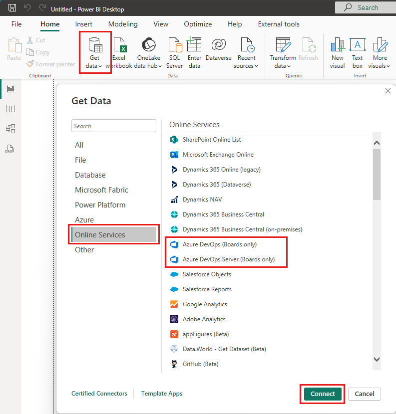 Captura de pantalla de Power BI con Obtener datos, Online Services y los servicios de Azure DevOps resaltados.