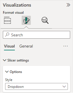 Captura de pantalla del panel de Visualizaciones, Slicer, opciones de configuración, lista desplegable seleccionada. 