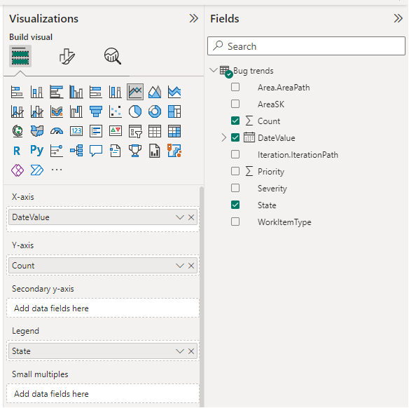 Captura de pantalla de las selecciones visualizaciones y campos de Power BI para el informe Tendencias de errores. 