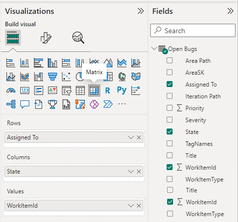 Captura de pantalla de las selecciones visualizaciones y campos de Power BI para el informe Abrir errores. 