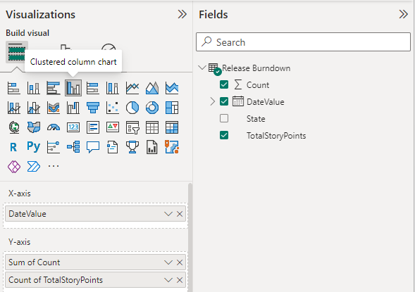 Captura de pantalla de las visualizaciones y selecciones de campos de Power BI para el informe de gráfico de columnas agrupadas del seguimiento de trabajo restante. 