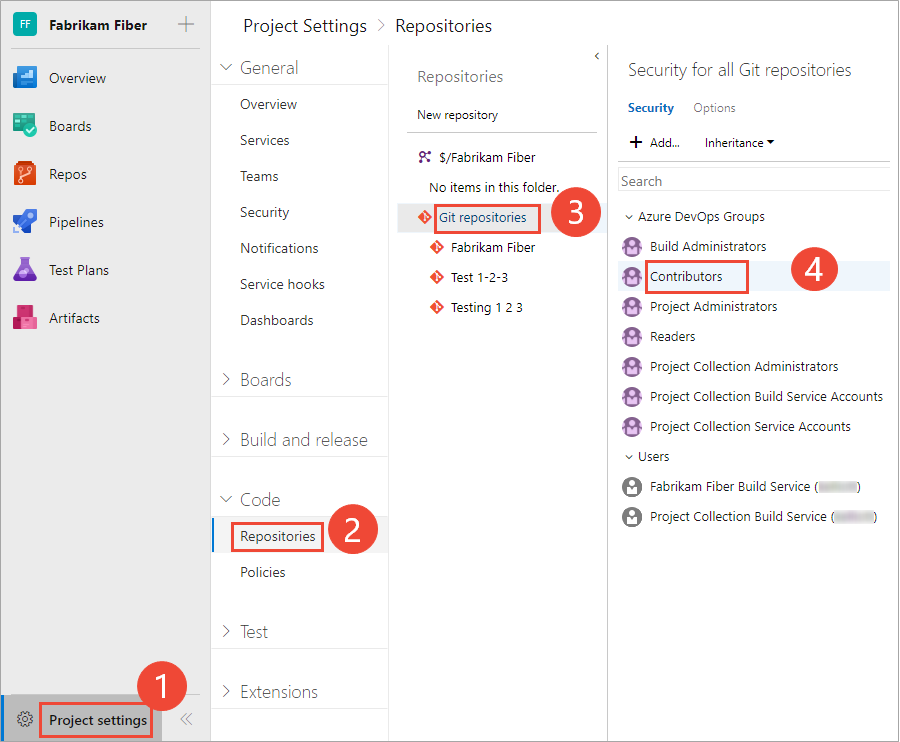 Captura de pantalla que muestra la selección de Configuración del proyecto > Repositorios > Repositorios de Git > Colaboradores.