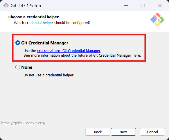 Captura de pantalla que muestra la selección Habilitación del Administrador de credenciales de Git durante la instalación de Git para Windows.