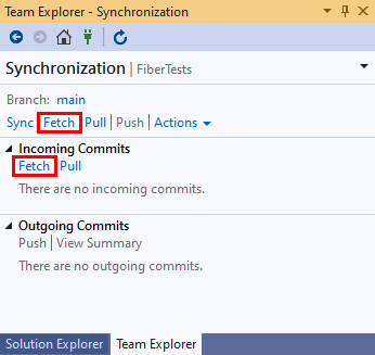 Captura de pantalla del botón Capturar en la vista Sincronización de Team Explorer en Visual Studio 2019.