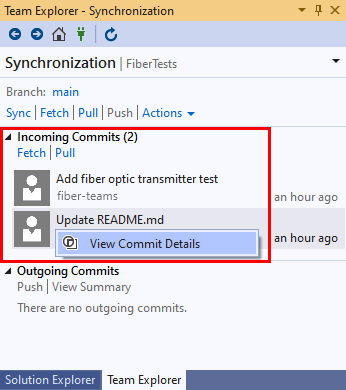 Captura de pantalla del menú contextual de las confirmaciones entrantes en la vista Sincronización de Team Explorer en Visual Studio 2019.