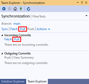 Captura de pantalla de las opciones de extracción en la vista Sincronización de Team Explorer en Visual Studio 2019.