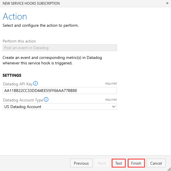 Captura de pantalla de la página Acción del Asistente para nueva suscripción de enlaces de servicio, con una clave y un tipo de cuenta visible y Probar y Finalizar resaltado.