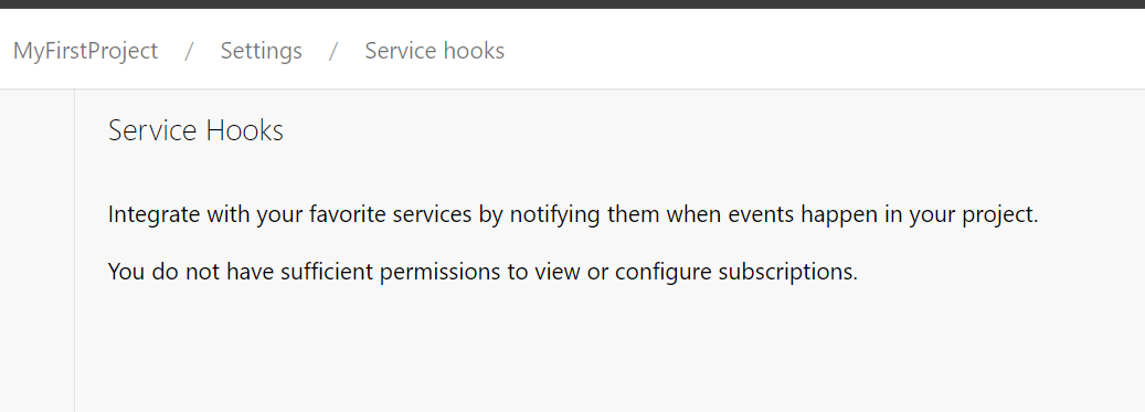 Captura de pantalla que muestra la página ServiceHooks sin permiso.