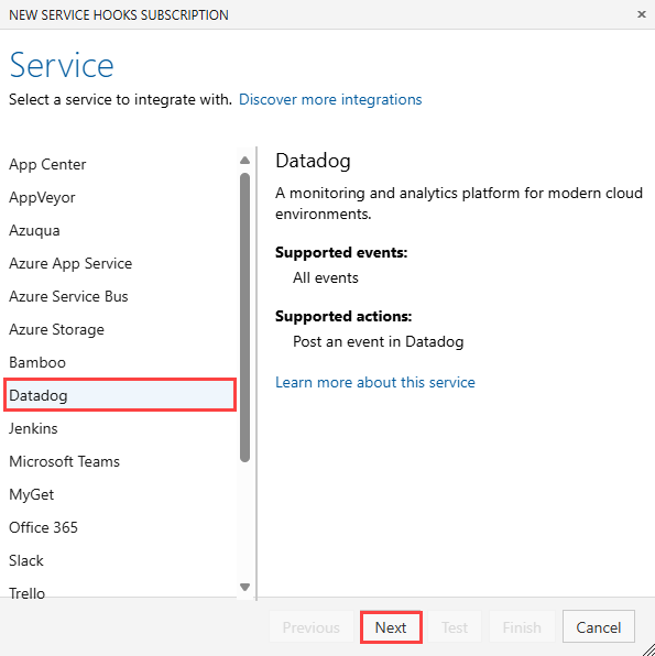 Captura de pantalla de la página Servicio en el Asistente para nueva suscripción de enlaces de servicio. En la lista de servicios, Datadog está resaltado. A continuación también se resalta.