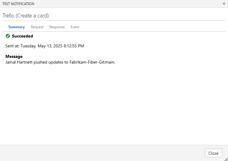 Captura de pantalla de la ventana de Notificación de prueba. En la pestaña Resumen, un mensaje sobre un push indica un estado de éxito.