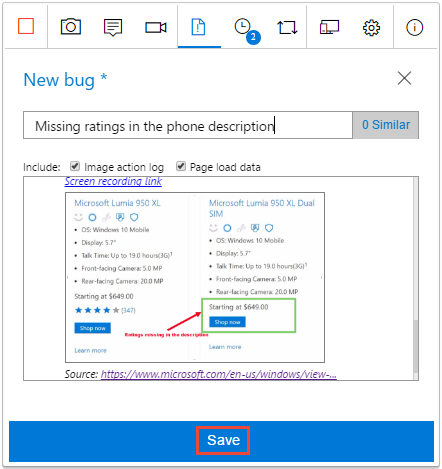 Captura de pantalla de un nuevo formulario de error con una grabación de pantalla capturada y el botón Guardar resaltado.