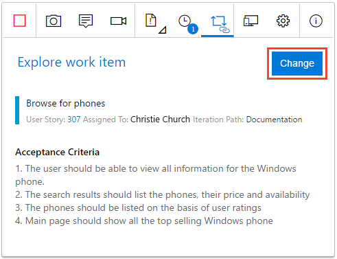 Captura de pantalla que muestra el cambio del elemento de trabajo que está explorando.