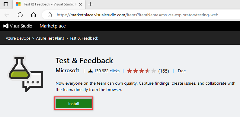 Captura de pantalla que muestra Visual Studio Marketplace, extensión de Prueba y Comentarios, Instalar.