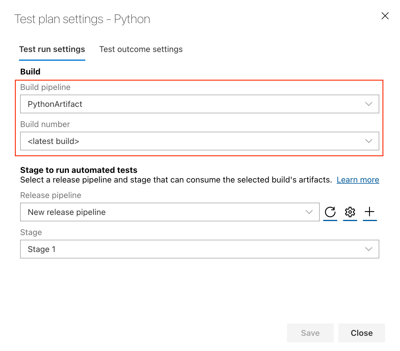 La captura de pantalla muestra la selección de la compilación y el número de compilación.