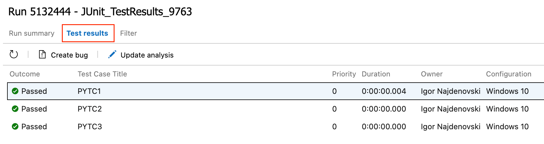 La captura de pantalla muestra los detalles de los resultados de la prueba.