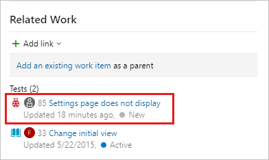 Captura de pantalla que muestra la sección Trabajo relacionado de un elemento de trabajo para ver los errores obtenidos en esa prueba.