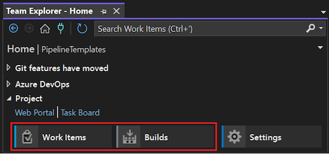 Captura de pantalla de la página principal de Team Explorer para Visual Studio 2022 en la que se muestran las características Elementos de trabajo y Compilaciones resaltadas.