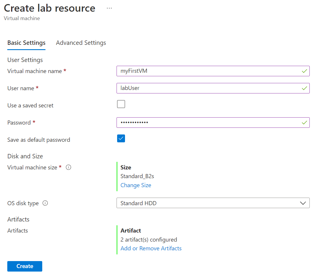 Página de configuración básica de máquinas virtuales.