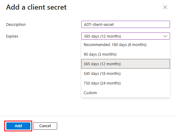 Captura de pantalla de Azure Portal al agregar un secreto de cliente.