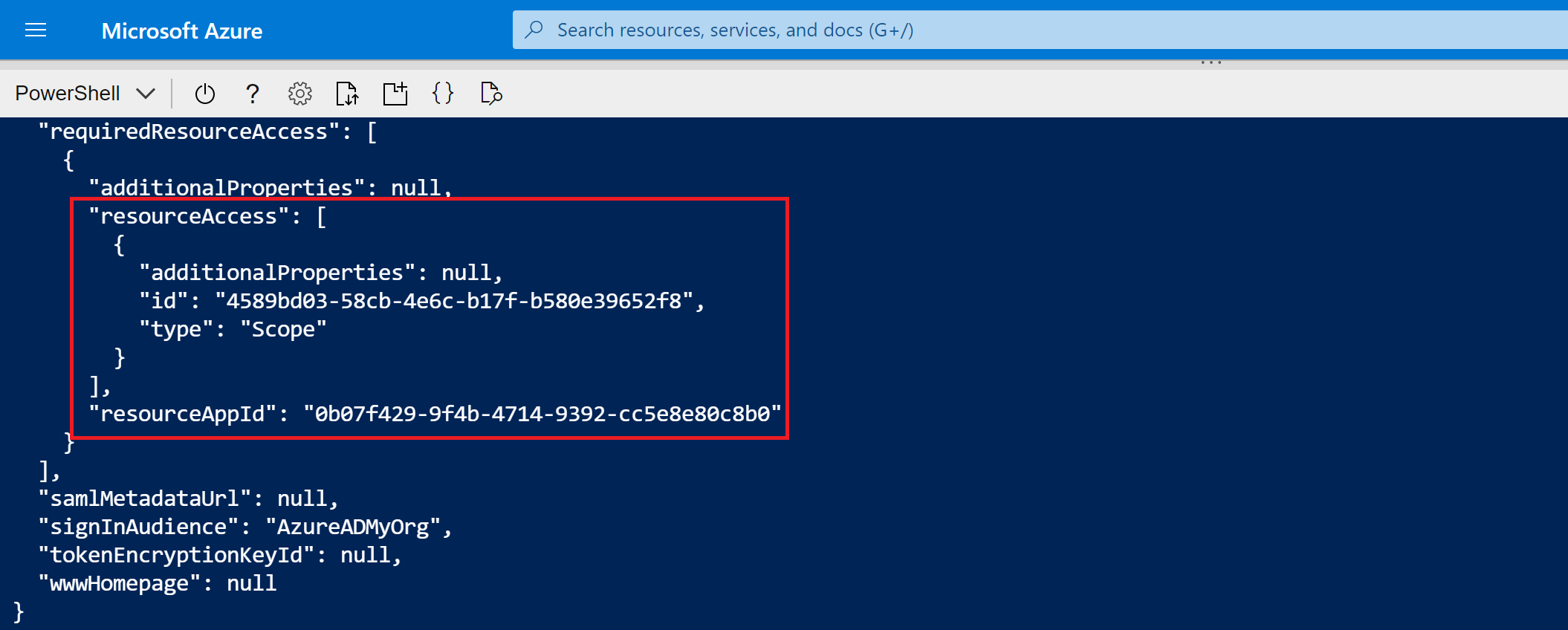 Captura de pantalla de la salida de Cloud Shell del comando de creación del registro de aplicaciones.