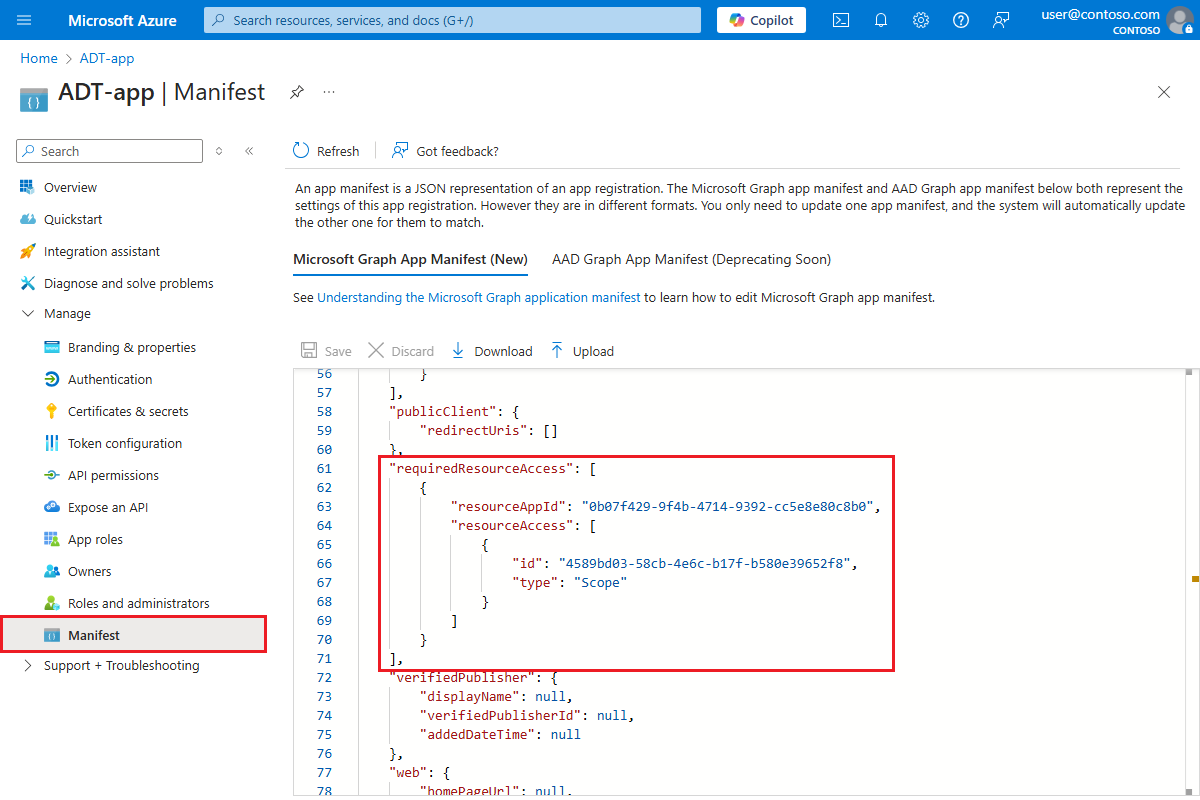 Captura de pantalla del manifiesto del registro de la aplicación de Microsoft Entra en Azure Portal.