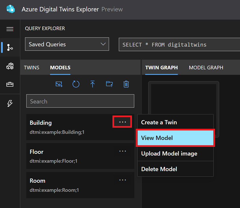 Captura de pantalla de Azure Digital Twins Explorer que muestra el panel Modelos con tres definiciones de modelo: edificio, planta y sala.