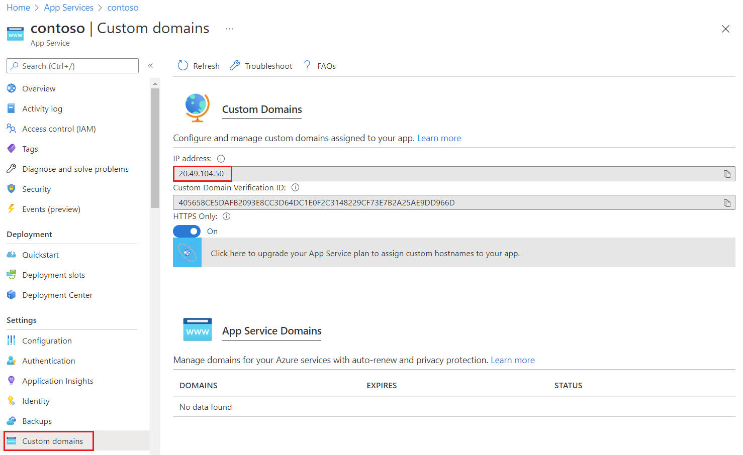 Captura de pantalla de la página de dominios personalizados de Azure App Service que muestra de dirección IP de la aplicación web.